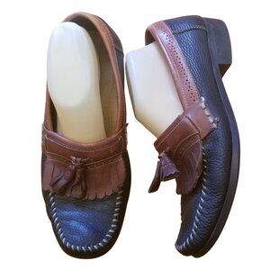Bass‎ Weejuns 9.5D Two Tone Black Brown Leather Shoes Loafers Tassels MICHAEL